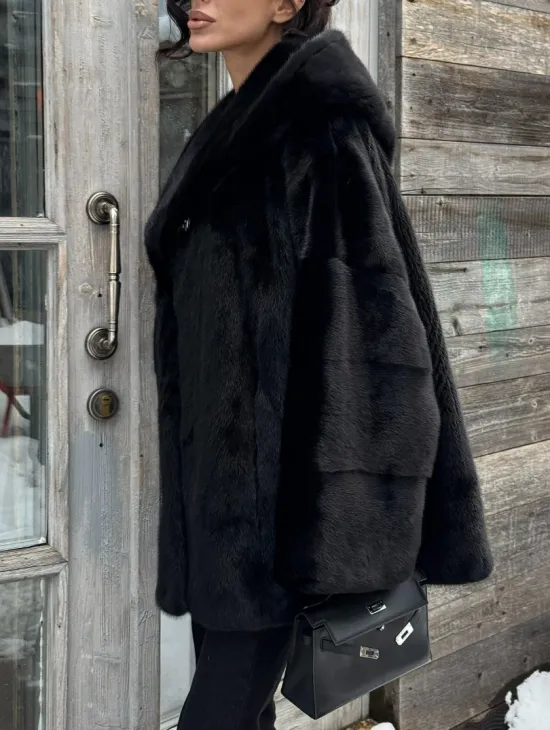 Черная зимняя шуба из меха норки Nafa mink с капюшоном - автоледи - фото 3