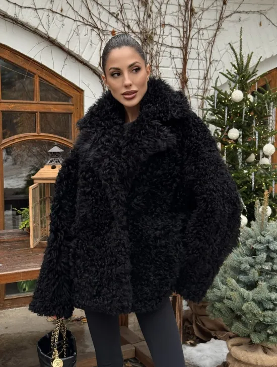 Черная короткая шуба - дубленка из испанской овчины «Тиградо» - фото 10