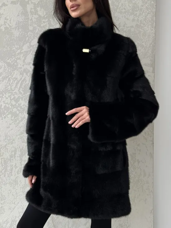 Норковая шуба средней длины стойка воротник - цвет черный - фото 1