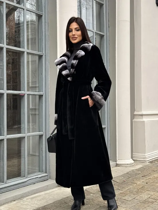 Шуба из стриженой норки с отделкой под шиншиллу - фото 8