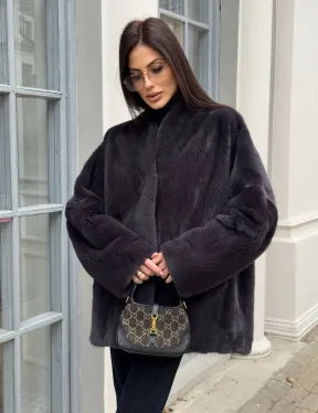Графитовый норковый жакет с V-образным воротником - фото 2