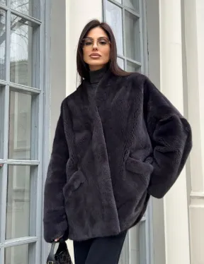 Графитовый норковый жакет с V-образным воротником - фото 11