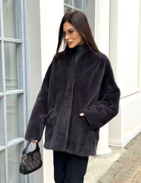 Графитовый норковый жакет с V-образным воротником - фото 9