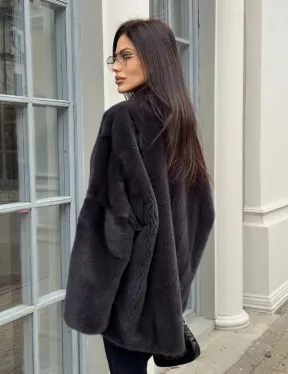 Графитовый норковый жакет с V-образным воротником - фото 3