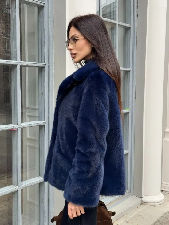Синий норковый полушубок с английским воротником - фото 5