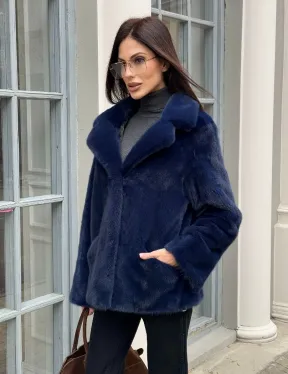 Синий норковый полушубок с английским воротником - фото 3