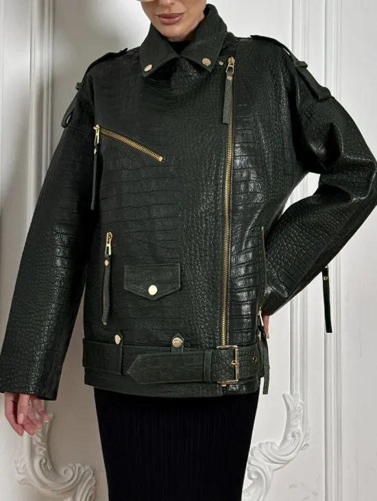 Куртка - косуха из натуральной кожи «CROCO» Dark green - фото 1