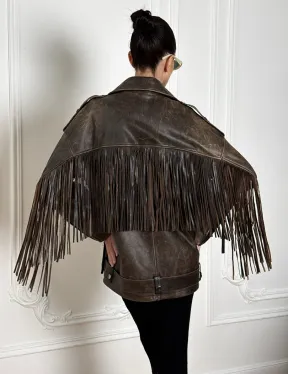 Косуха Vintage brown с кожаной бахромой на спине - фото 2
