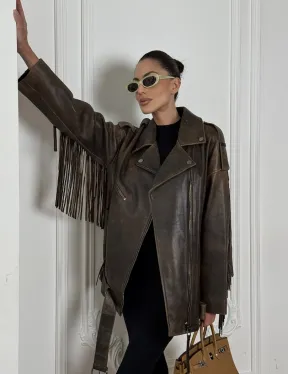 Косуха Vintage brown с кожаной бахромой на спине - фото 9