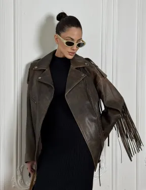Косуха Vintage brown с кожаной бахромой на спине - фото 0