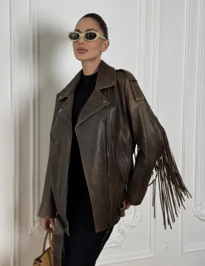 Косуха Vintage brown с кожаной бахромой на спине - фото 4