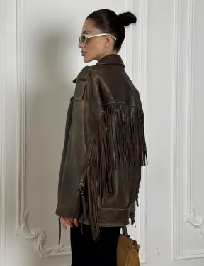 Косуха Vintage brown с кожаной бахромой на спине - фото 1