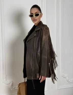 Косуха Vintage brown с кожаной бахромой на спине - фото 3