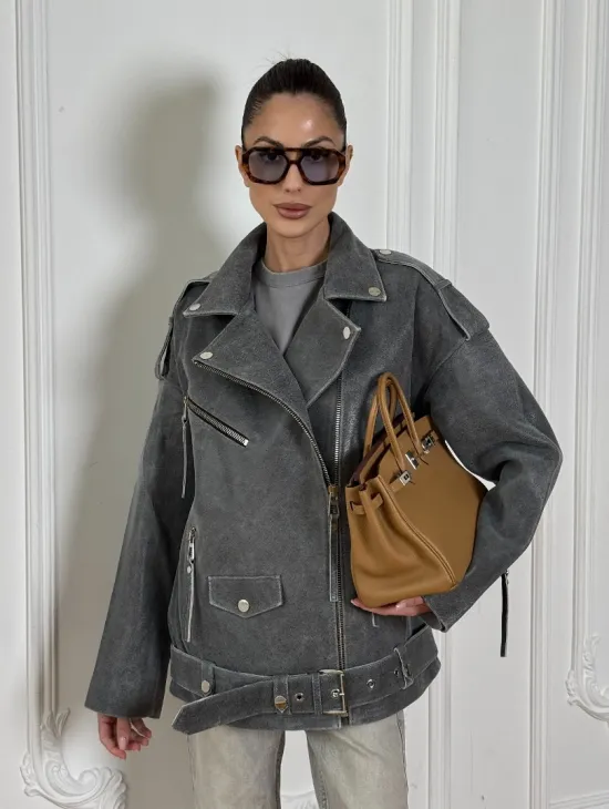 Винтажная кожаная косуха оверсайз - серый графит - фото 13