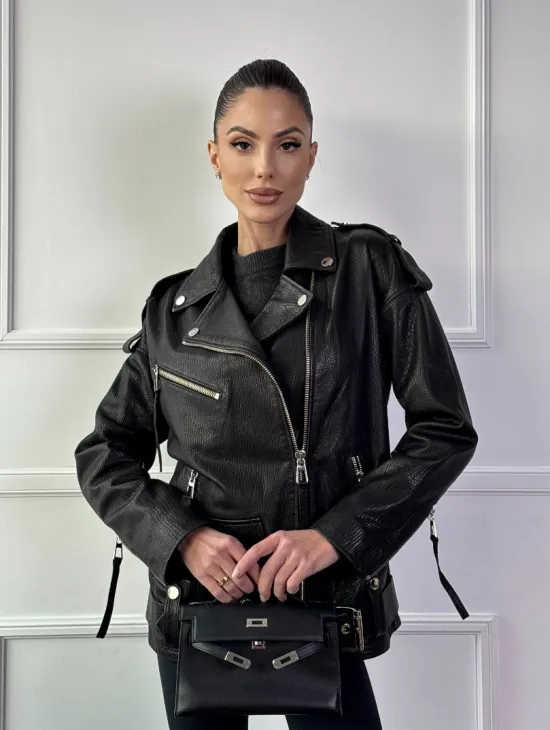 Классическая женская байкерская куртка - косуха из натуральной черной кожи Jumbo - фото 8