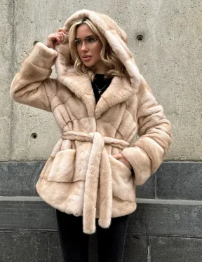 Женский норковый полушубок Premium fur с капюшоном 