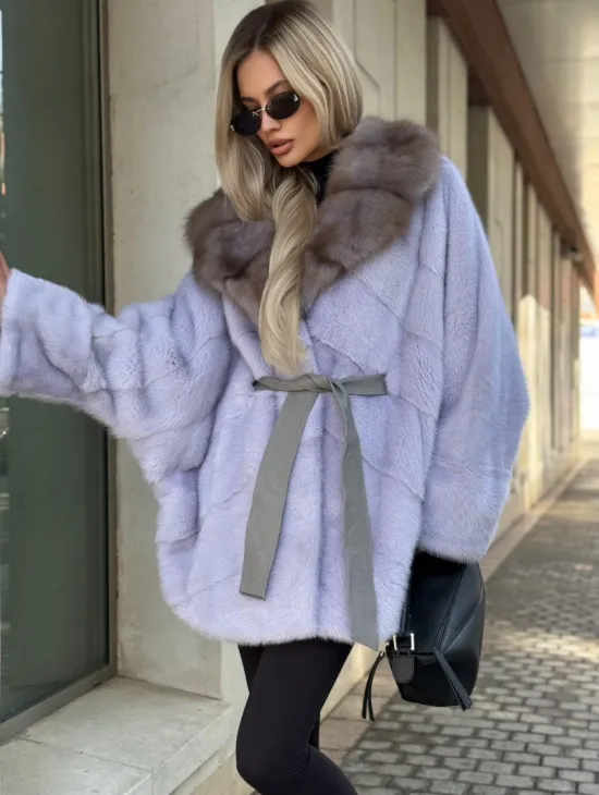 Шуба из норки короткая с куницей воротник - фото 2