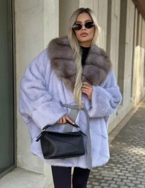 Шуба из норки короткая с куницей воротник - фото 0