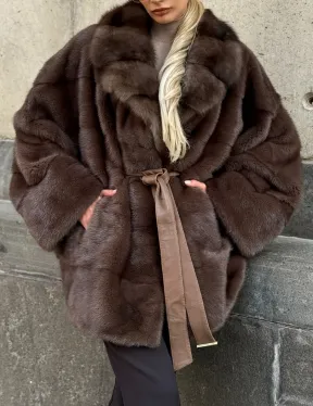 Полушубок норковый женский с воротником куница - фото 1