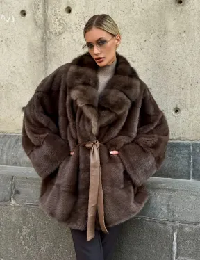 Полушубок норковый женский с воротником куница - фото 0