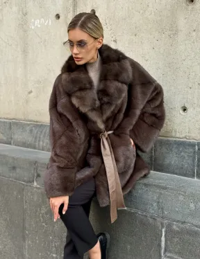 Полушубок норковый женский с воротником куница - фото 8