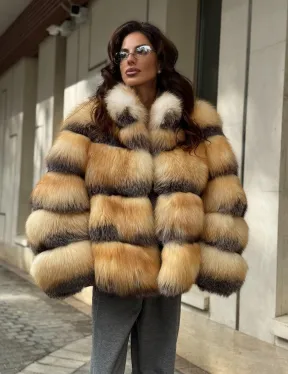 Полушубок из меха лисы Golden-grey fox стойка воротник - фото 0