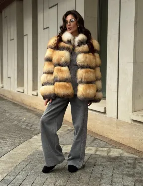 Полушубок из меха лисы Golden-grey fox стойка воротник - фото 9