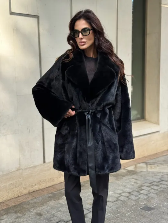 Полушубок из норки с английским воротником - черный - фото 7