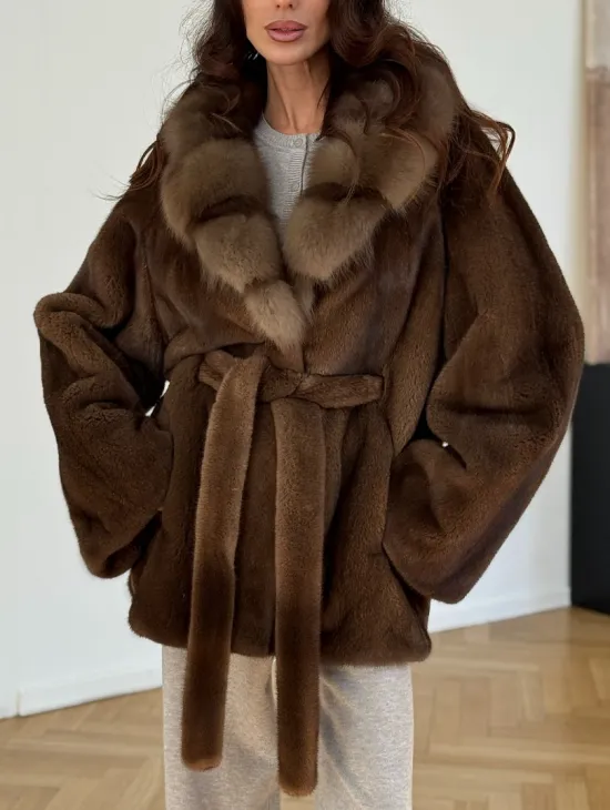 Норковый полушубок - цвет соболь - фото 2
