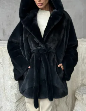 Шуба норковая летучая мышь с капюшоном - фото 1