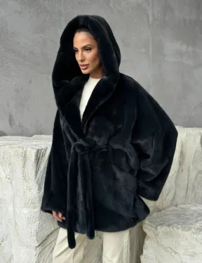 Шуба норковая летучая мышь с капюшоном - фото 10