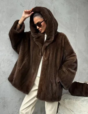 Норковый полушубок с капюшоном - цвет коричневый - фото 11