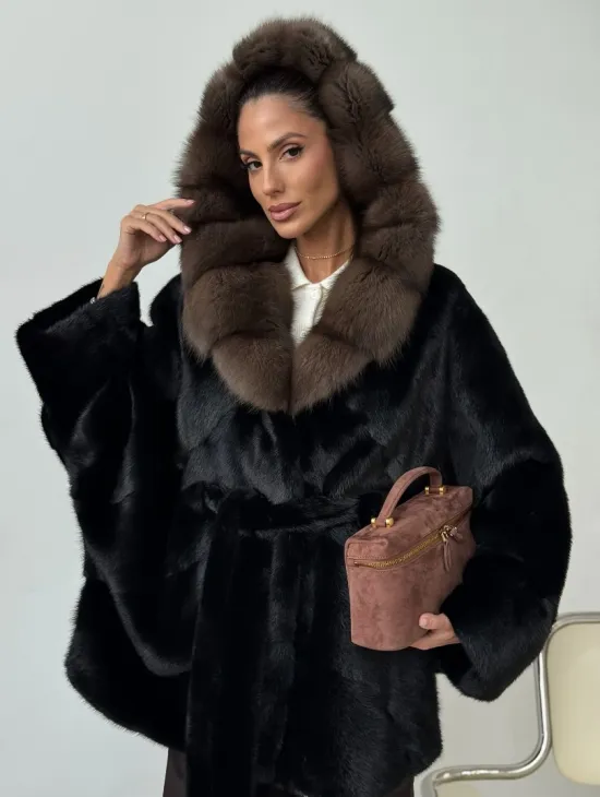 Норковый полушубок с капюшоном - летучая мышь - фото 8