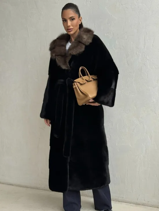Черная норковая шуба - воротник куница - фото 0