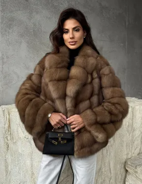 Полушубок из куницы в натуральном бежевом цвете - фото 9