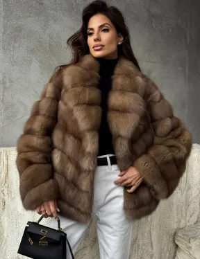 Полушубок из куницы в натуральном бежевом цвете - фото 0