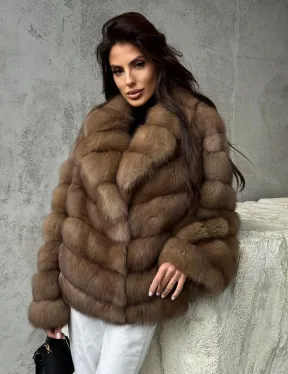 Полушубок из куницы в натуральном бежевом цвете - фото 8