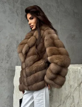 Полушубок из куницы в натуральном бежевом цвете - фото 10