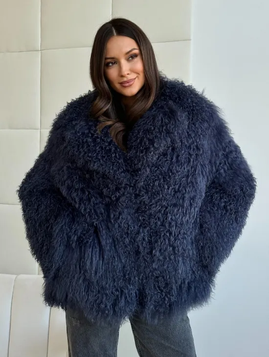 Шуба из ламы - цвет джинс - фото 5