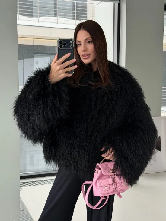 Полушубок черный из ламы - фото 16