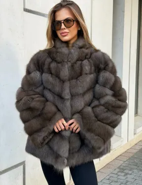 Шуба из куницы в цвете соболь - рукава косичкой - фото 0