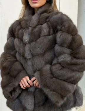 Шуба из куницы в цвете соболь - рукава косичкой - фото 1