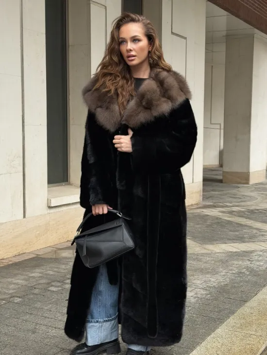 Длинная норковая шуба - кимоно с капюшоном куница - фото 7