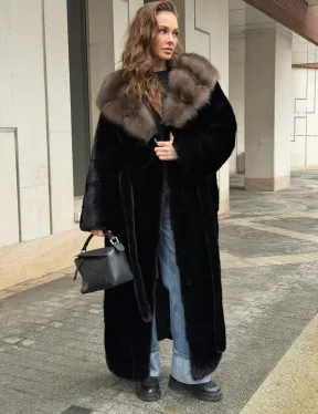 Длинная норковая шуба - кимоно с капюшоном куница - фото 0