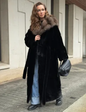 Длинная норковая шуба - кимоно с капюшоном куница - фото 8