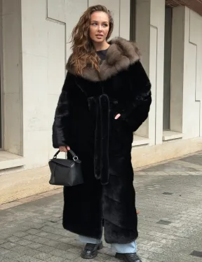 Длинная норковая шуба - кимоно с капюшоном куница - фото 9