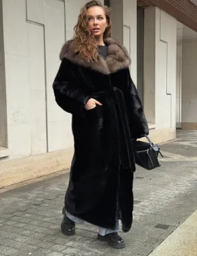 Длинная норковая шуба - кимоно с капюшоном куница - фото 4