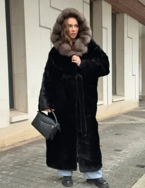 Длинная норковая шуба - кимоно с капюшоном куница - фото 12