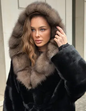 Длинная норковая шуба - кимоно с капюшоном куница - фото 6