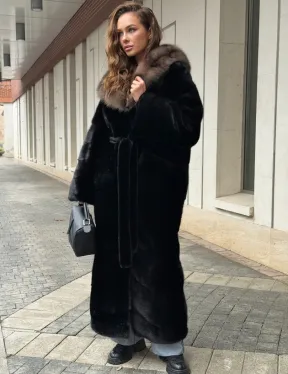 Длинная норковая шуба - кимоно с капюшоном куница - фото 5
